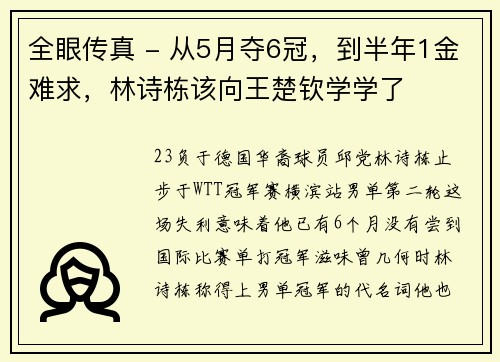 全眼传真 - 从5月夺6冠，到半年1金难求，林诗栋该向王楚钦学学了